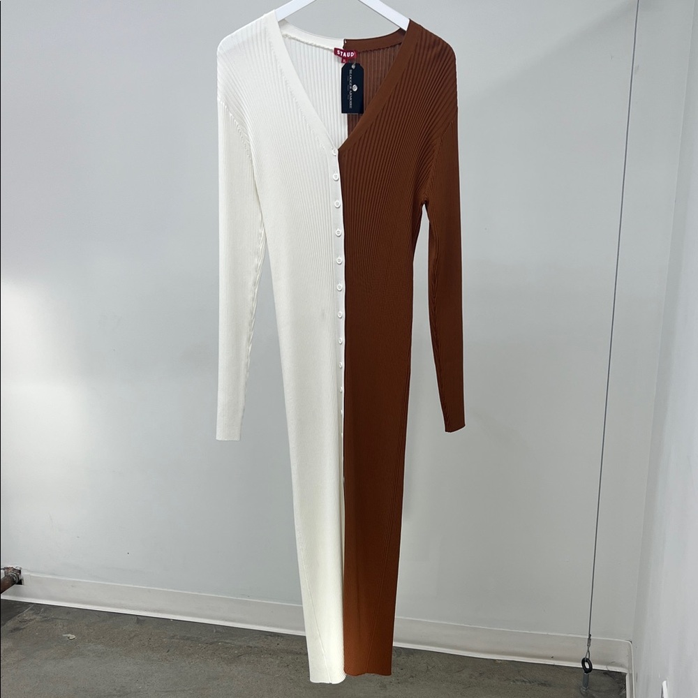 STAUD Long Sleeve Dress in White and Brown